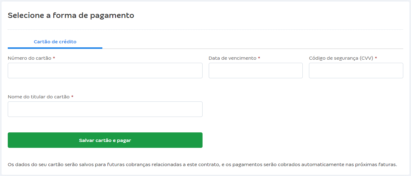 Tela de cobrança via Cartão de crédito (via link) com destaque para a seleção de forma de pagamento.