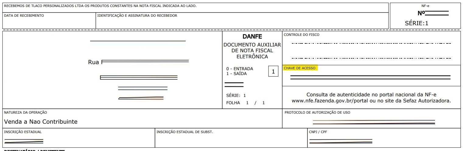 PDF da NF-e com destaque para o campo chave de acesso.