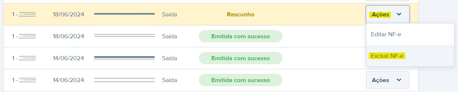 Tela com destaque para o botão Excluir NF-e.