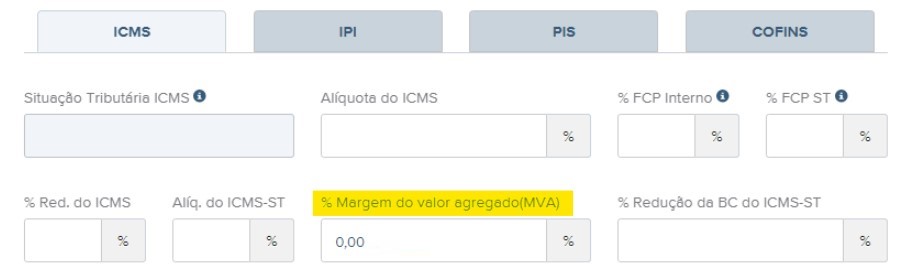 Tela de preenchimento da % Margem do valor agregado (MVA).