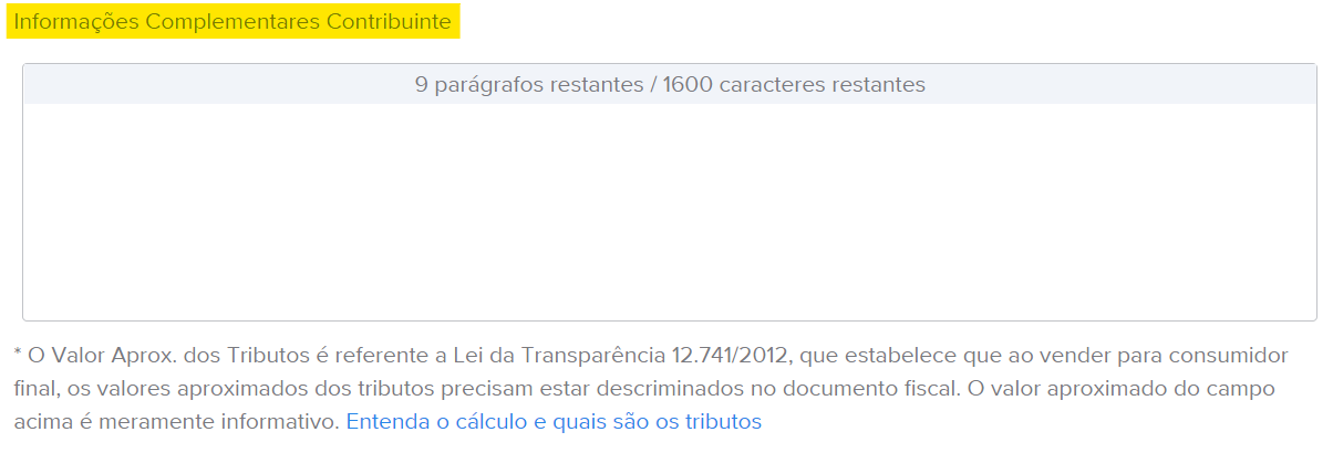 Tela de preenchimento das Informações Complementares Contribuinte no rascunho da NF-e.