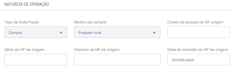 Tela de preenchimento de compras de produtor rural com destaque para o campo chave de acesso.