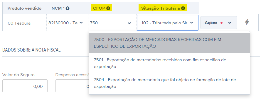 Tela com destaque para os campos CFOP de Exportação e a Situação Tributária ICMS da nota fiscal de exportação.