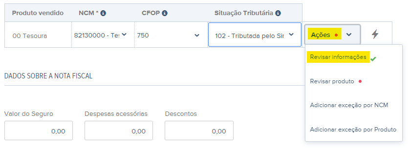 Tela com destaque para Ações e Revisar informações da nota fiscal de exportação.