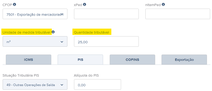 Tela com destaque para os campos Unidade de medida tributável e Quantidade tributável da nota fiscal de exportação.