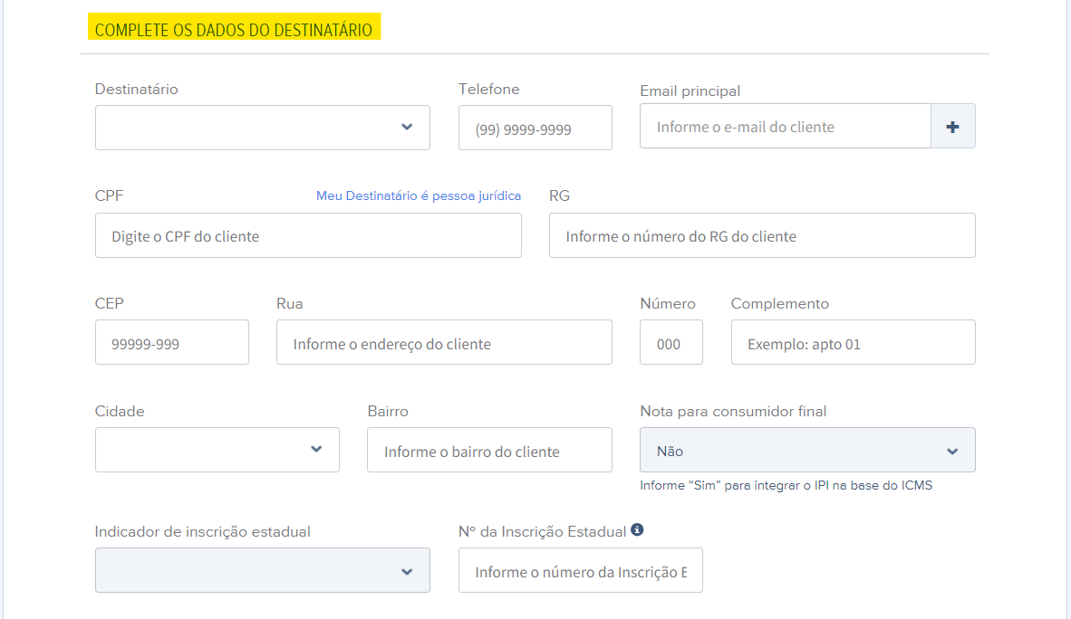 Tela de preenchimento de Dados do destinatário da nota fiscal de remessa.
