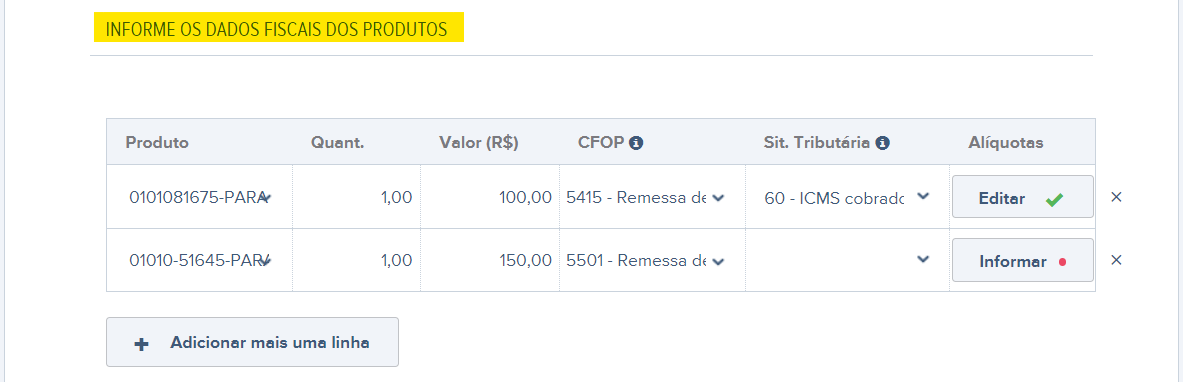 Tela de preenchimento de Dados fiscais dos produtos da nota fiscal de remessa.