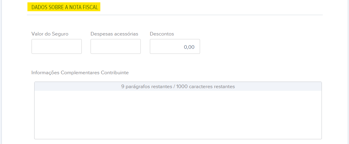 Tela de preenchimento de Dados sobre a nota fiscal e Informações Complementares Contribuinte da nota fiscal de remessa.