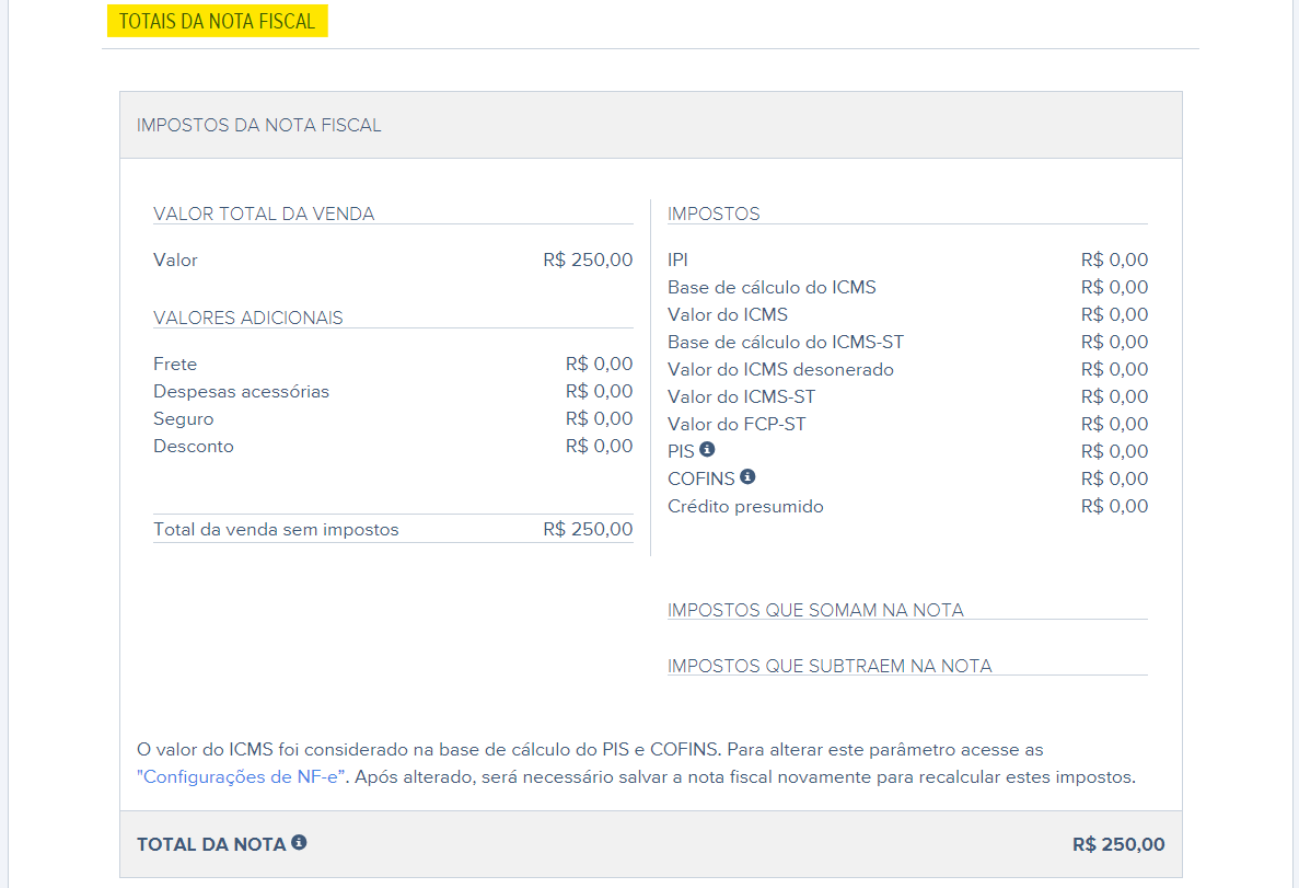 Tela de Totais da nota fiscal da nota fiscal de remessa.