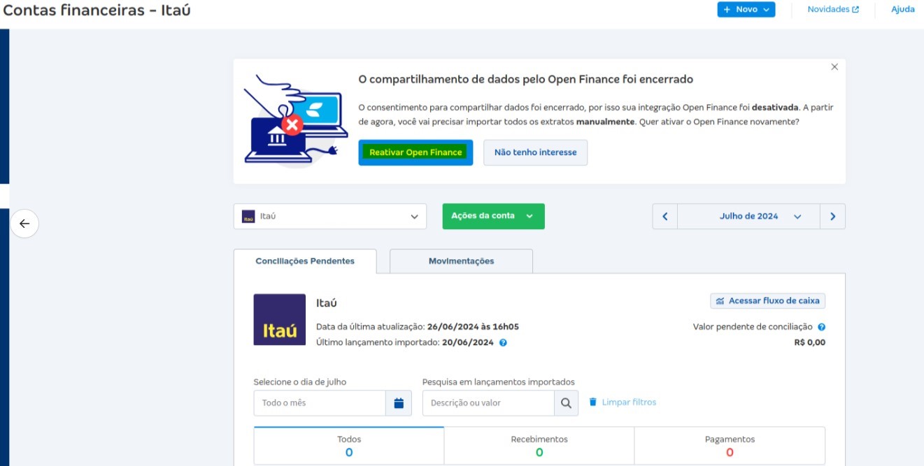 Tela da conta bancária com destaque para o botão Reativar Open Finance.