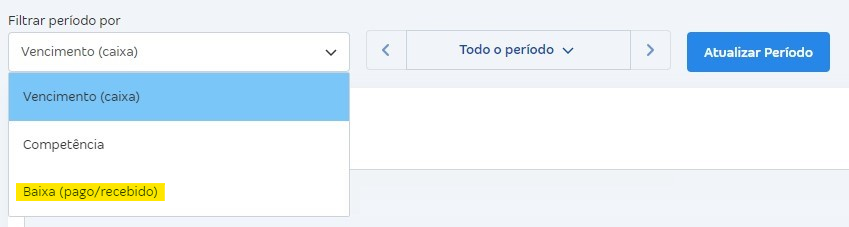 Tela de relatórios de fluxo de caixa com destaque para Filtrar período por.