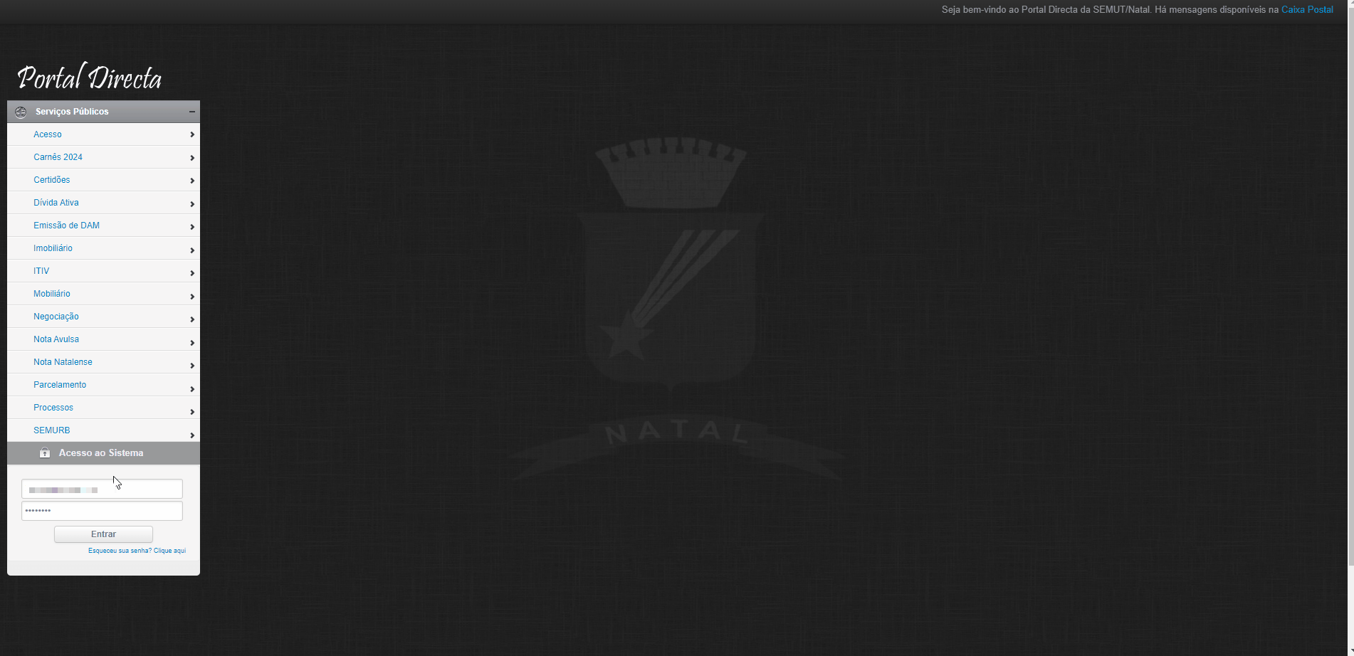 Tela de login no portal da prefeitura.