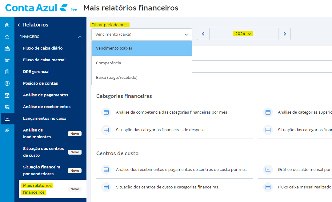 Tela de relatórios financeiros com destaque para o campo Filtrar período por.