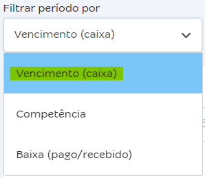 Tela do campo Filtrar período por com destaque para a opção Vencimento (caixa).