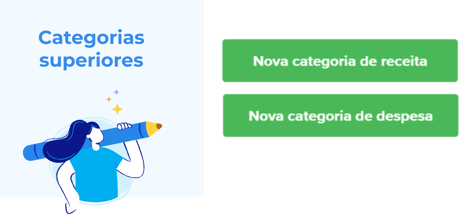 Tela de categoria superior com destaque para os botões Nova categoria de receita e Nova categoria de despesa.
