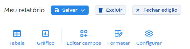 Tela da barra com os atalhos de edição de relatórios.