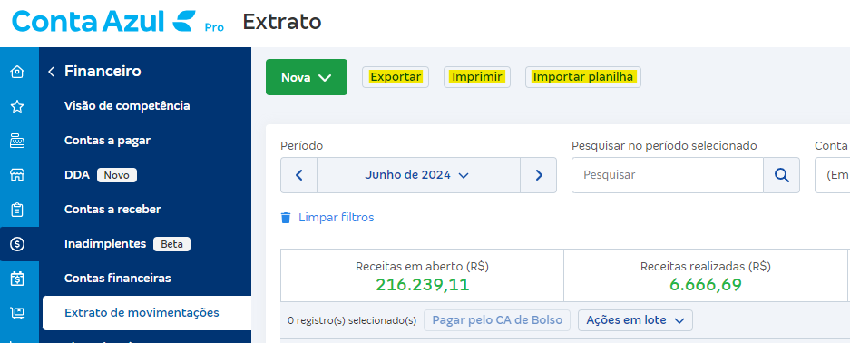 Tela de Extrato de movimentações com destaque para os botões Exportar, Imprimir e Importar planilha.