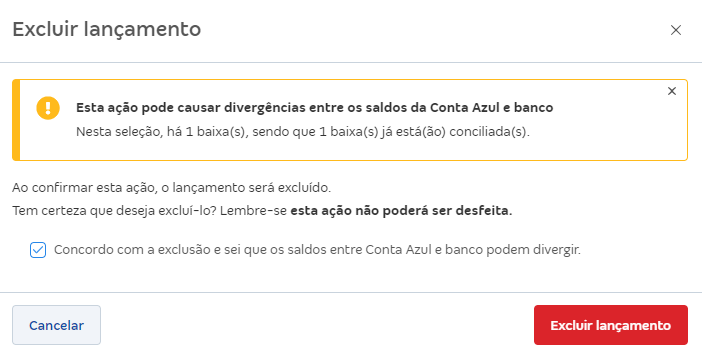 Tela com alerta de possível divergência entre os saldos da Conta Azul e banco.