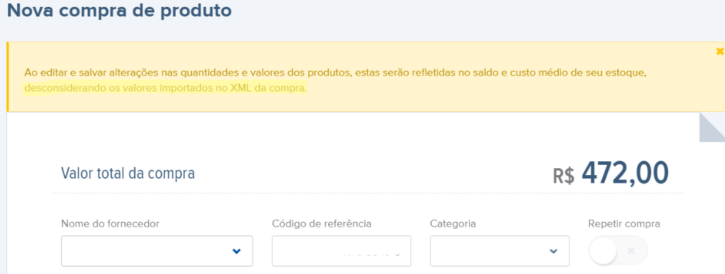 Tela com mensagem que desconsideramos informações importadas no XML quando a quantidade e valor dos produtos são editados.