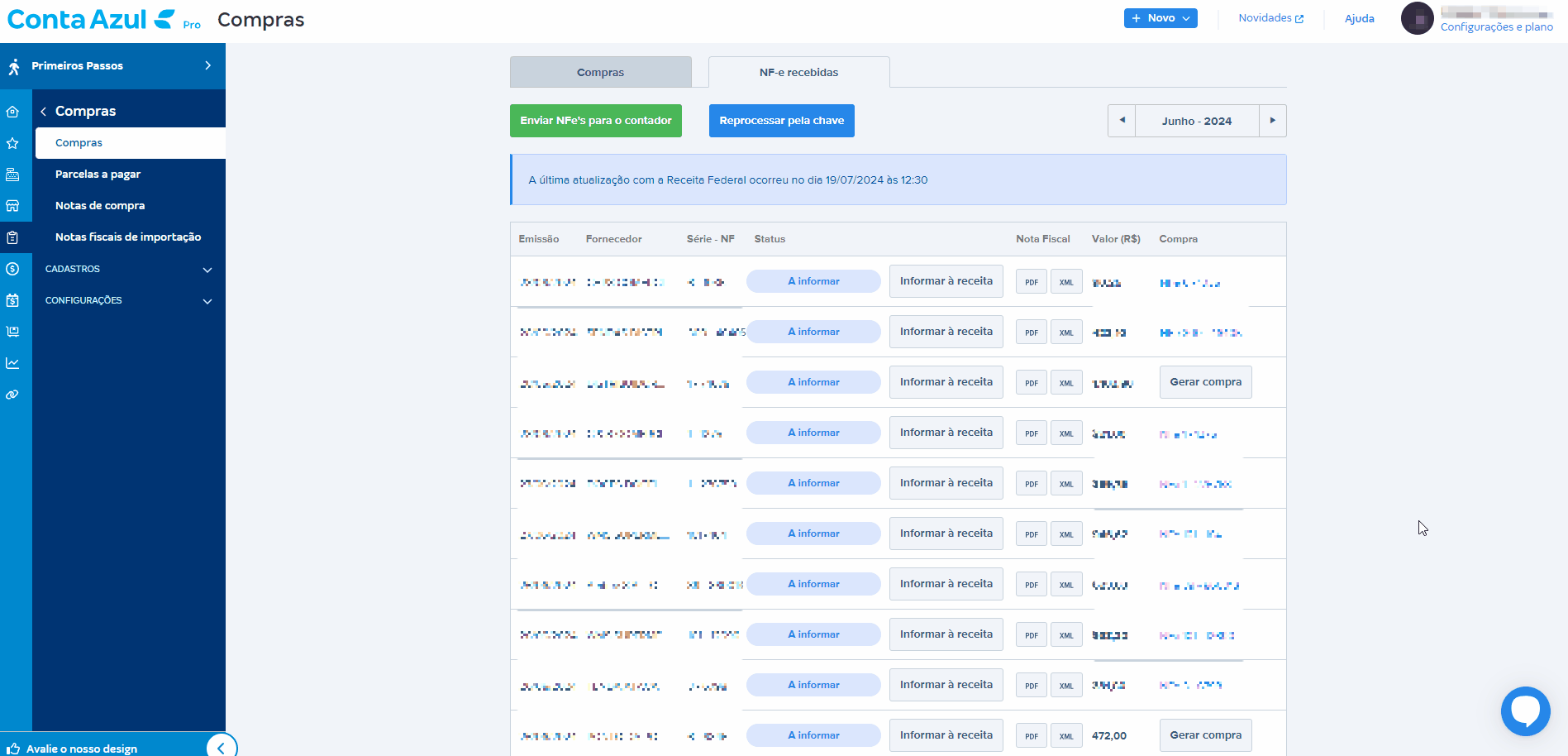 Tela com destaque para o botão gerar compra de uma nota com itens editados.