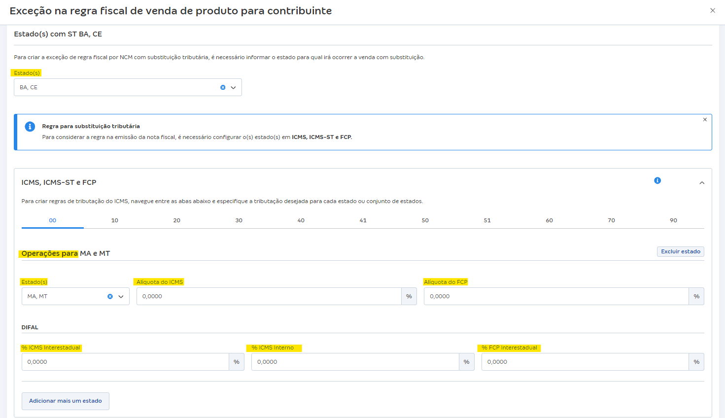 Tela para preencher Alíq ICMS, Alíq FCP, % ICMS Interestadual, % ICMS Interno e % FCP Interestadual.