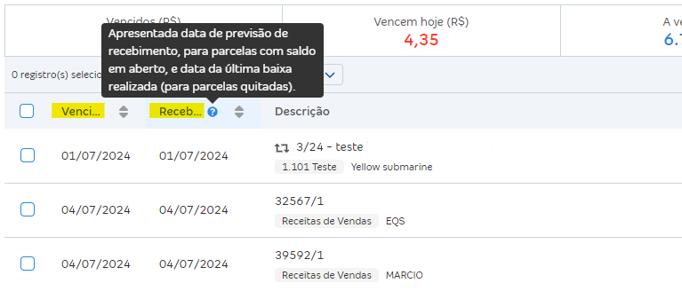 Tela de lançamentos financeiros com destaque para a coluna Vencimento.