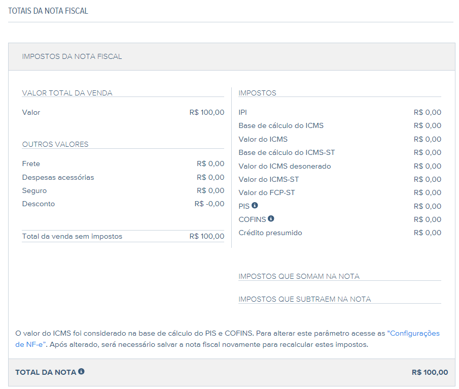 Tela de rascunho da nota fiscal com destaque para o campo total da NFe.