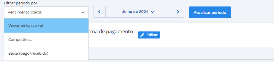 Tela de Total de vendas por vendedor e forma de pagamento com destaque para Filtrar período por.