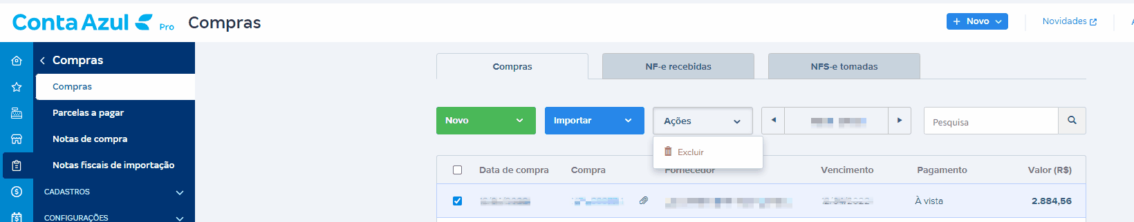 Tela de Compras com destaque para os botões Ações e Excluir.