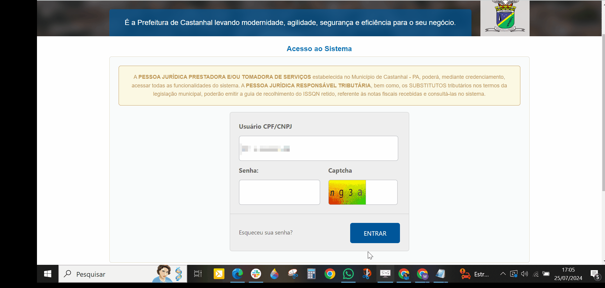 Tela de login no portal da prefeitura.