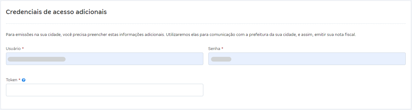 Tela de configurações da NFS-e com destaque para o campo Credenciais de acesso adicionais.