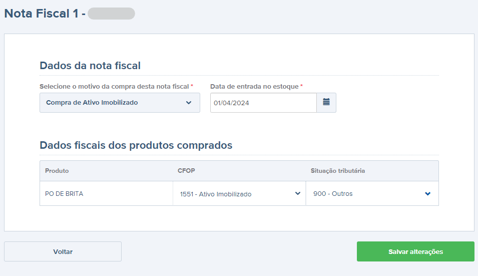 Tela de edição da compra.
