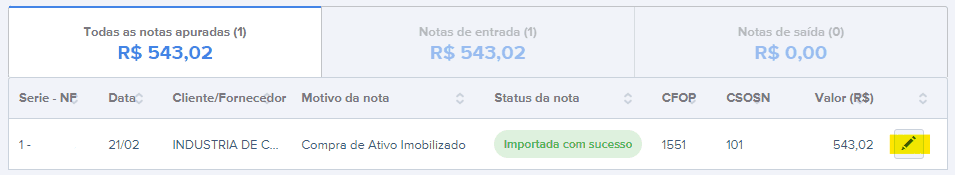 Tela de Histórico de Arquivos Gerados com destaque para o ícone de lápis de edição.