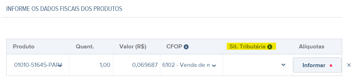 Tela do rascunho da NF-e com destaque para o campo Sit. Tributária.