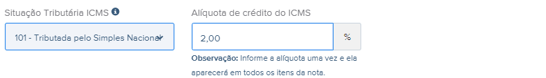 Tela do rascunho da NFe com destaque para o campo CSOSN 101.