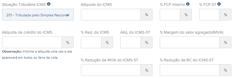 Tela do rascunho da NFe com destaque para o campo CSOSN 201.
