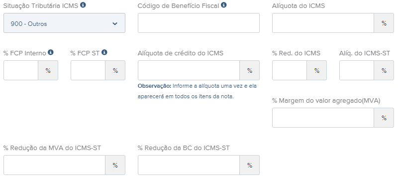 Tela do rascunho da NFe com destaque para o campo CSOSN 900.