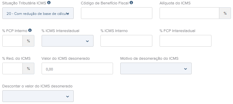 Tela do rascunho da NFe com destaque para o campo CST 20.