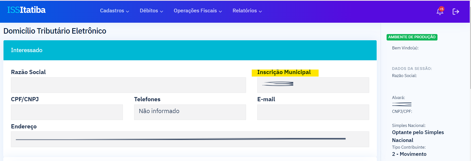 Tela para consulta da Inscrição Municipal no padrão FintelISS.