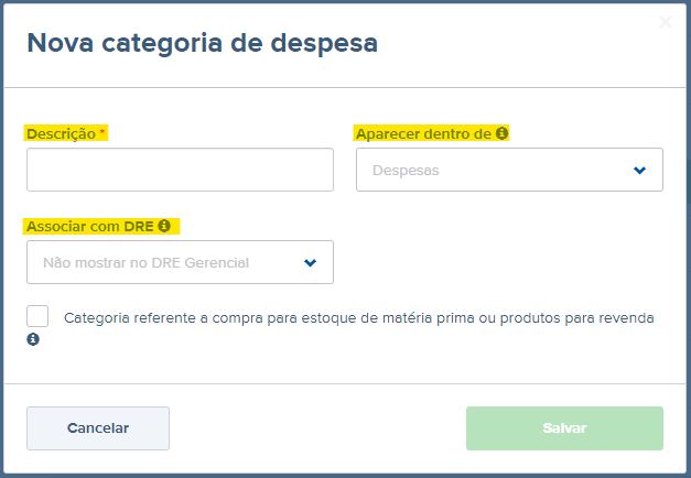 Tela de nova categoria de despesa com destaque para os campos Descrição, Aparecer dentro de e Associar com DRE.