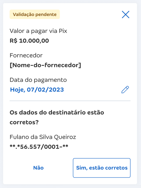 Tela do CA de Bolso com destaque para o erro Pix: Validação pendente.