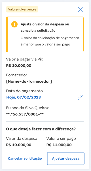 Tela do CA de Bolso com destaque para o erro Pix: Ajuste o valor da despesa ou cancele a solicitação.