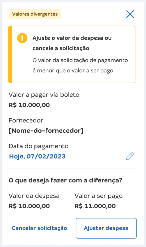 Tela do CA de Bolso com destaque para o erro Boleto: Ajuste o valor da despesa ou cancele a solicitação.