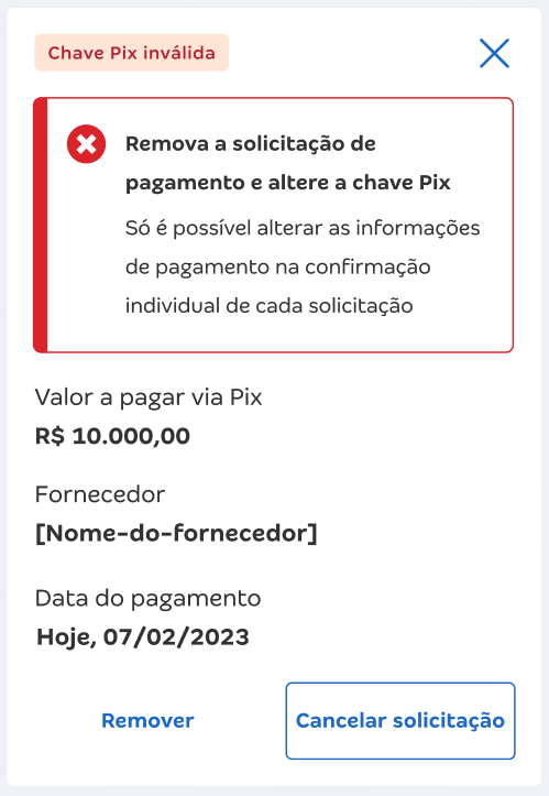 Tela do CA de Bolso com destaque para o erro Pix: Remova a solicitação de pagamento e altere a chave Pix.