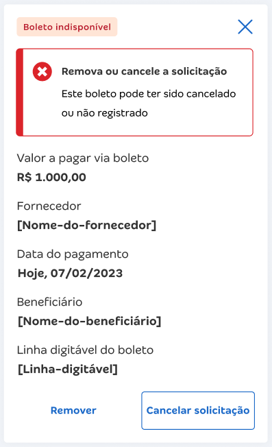 Tela do CA de Bolso com destaque para o erro Boleto: Este boleto pode ter sido cancelado ou não registrado.