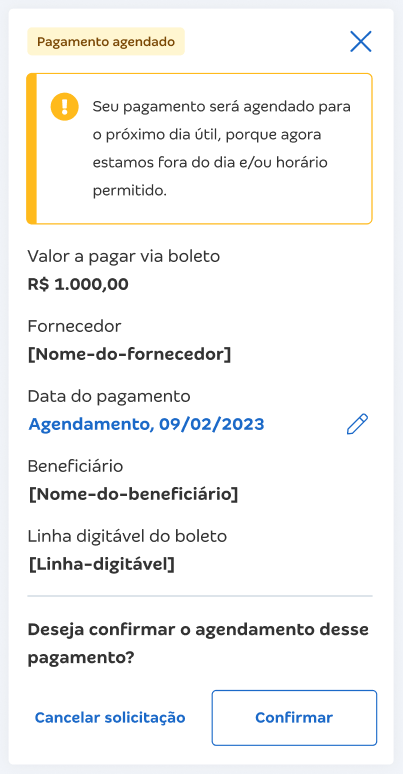 Tela do CA de Bolso com destaque para o erro Boleto: Pagamento agendado.
