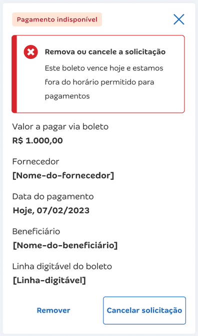 Tela do CA de Bolso com destaque para o erro Este boleto vence hoje e estamos fora do horário permitido para pagamentos.