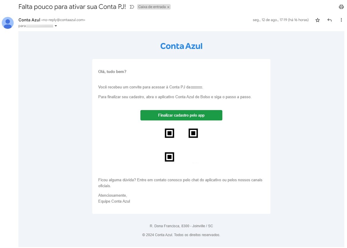 Tela do e-mail de convite para acessar a Conta PJ da Conta Azul.