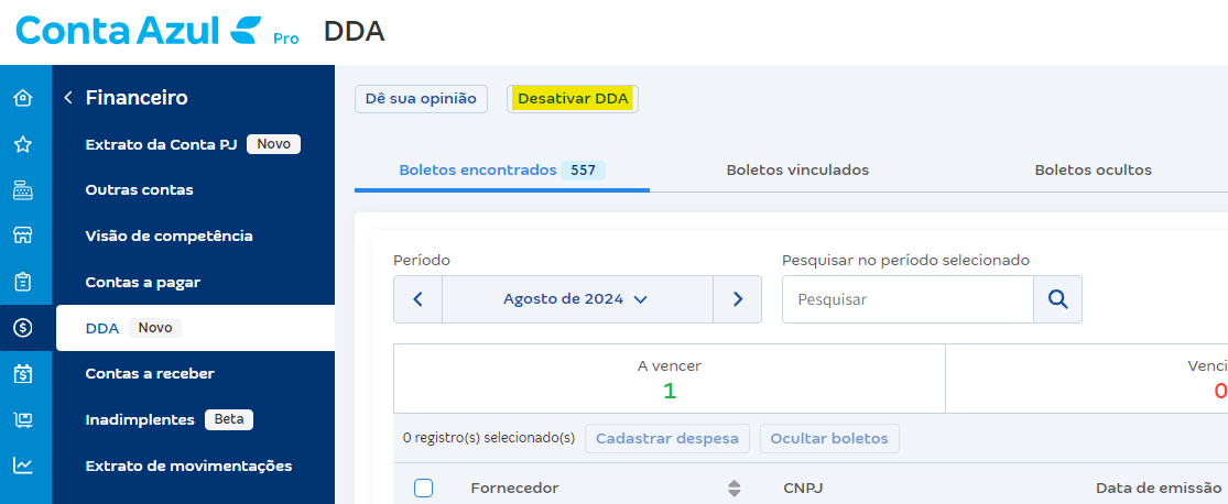 Tela do DDA com destaque para o botão Desativar DDA no Conta Azul Pro.