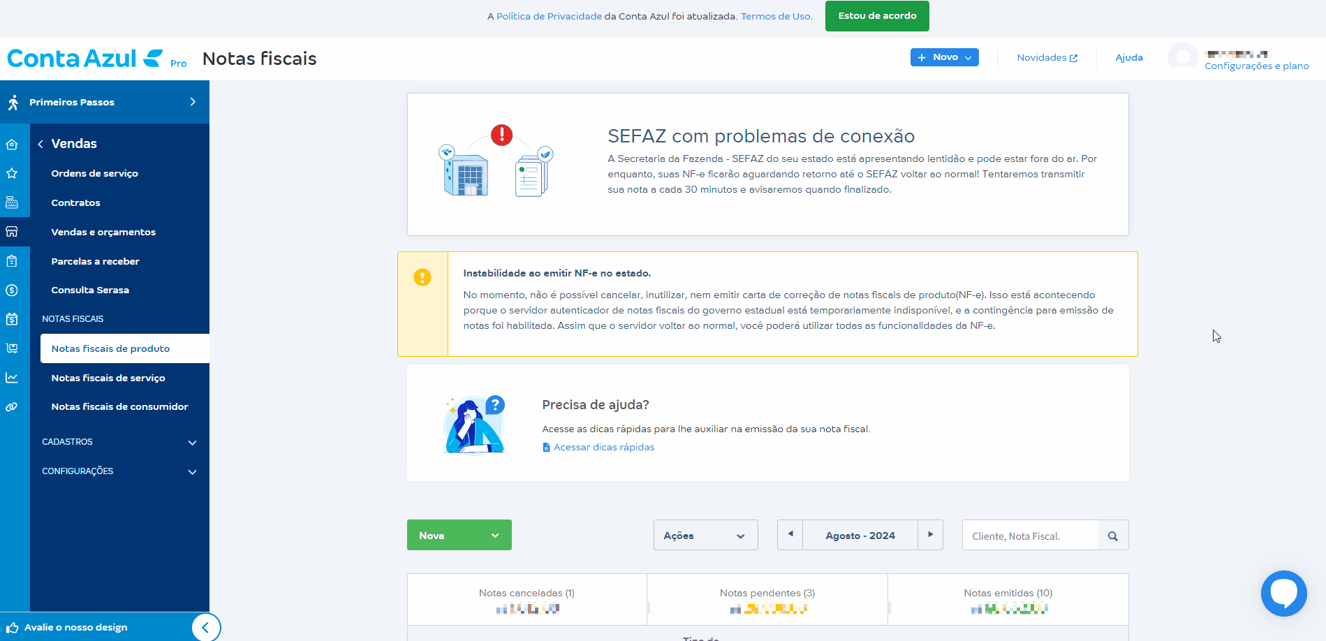 Tela de notas fiscais de venda com mensagem de contingência.